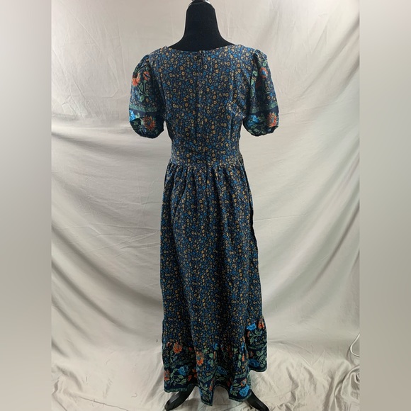Blue Boho Ditsy Floral Print Sweetheart Neck Ruffle Hem Dress - Picture 9 of 10